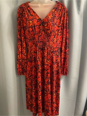 London Times Floral V-Neck Long Sleeve Midi Dress in Red-Orange-Navy M
